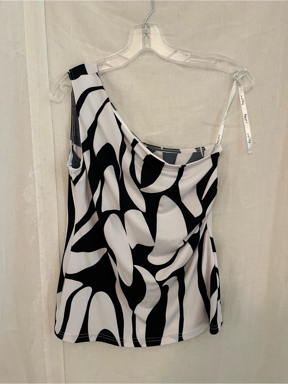 Joseph Ribkoff Black and White One-Shoulder Printed Tank